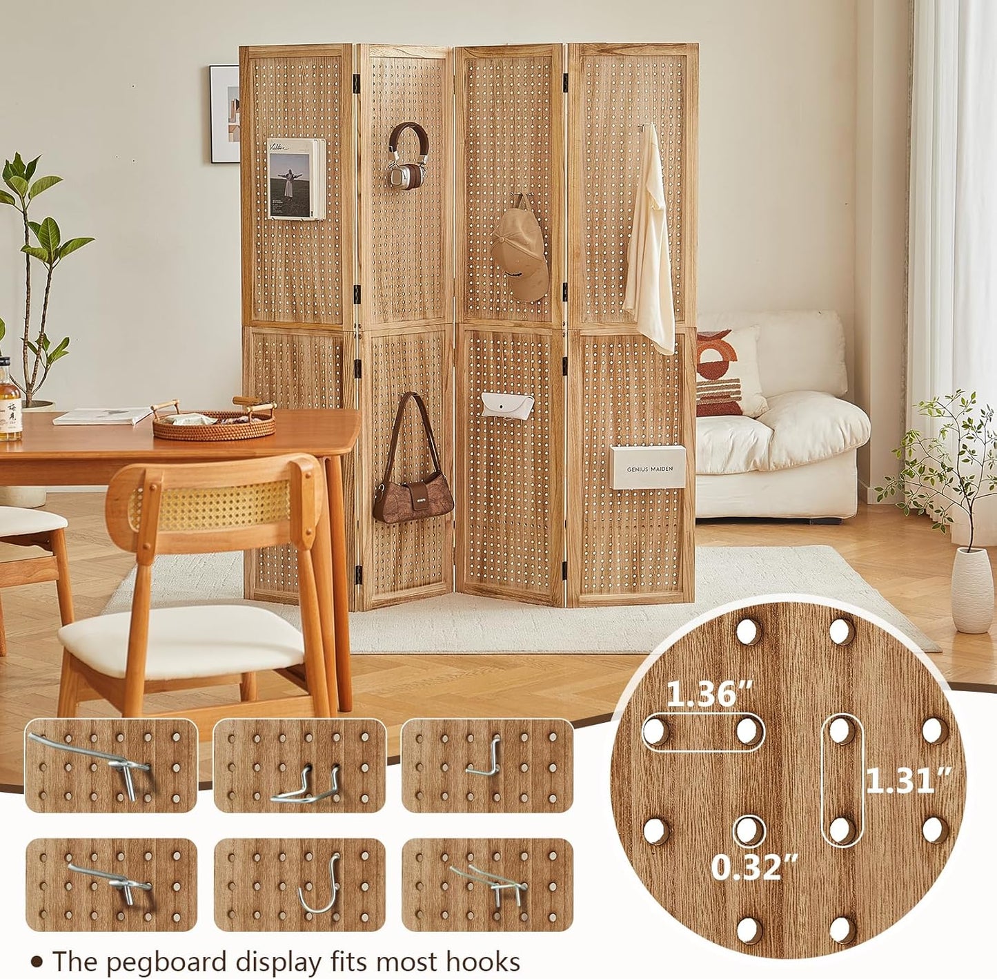 4 Panel Wooden Room Dividers, 5.6FT High Plug-in Folding Screen Made of Natural Wood, Pegboard Display for Bedroom and Shopping Malls and Jewelry Stores, Dark Brown