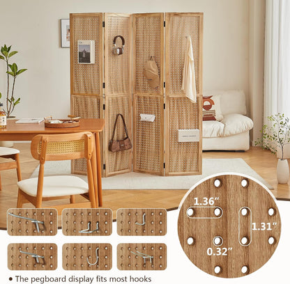 4 Panel Wooden Room Dividers, 5.6FT High Plug-in Folding Screen Made of Natural Wood, Pegboard Display for Bedroom and Shopping Malls and Jewelry Stores, Dark Brown
