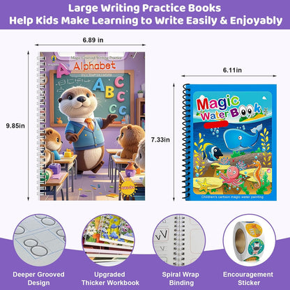 Magic Grooved Writing Practice Books for Kids 3-8, Reusable Grooved Handwriting Books-Letters Numbers Math Painting-Preschool Learning Activities-Birthday Gifts for 3 4 5 6 7 8 Years Old