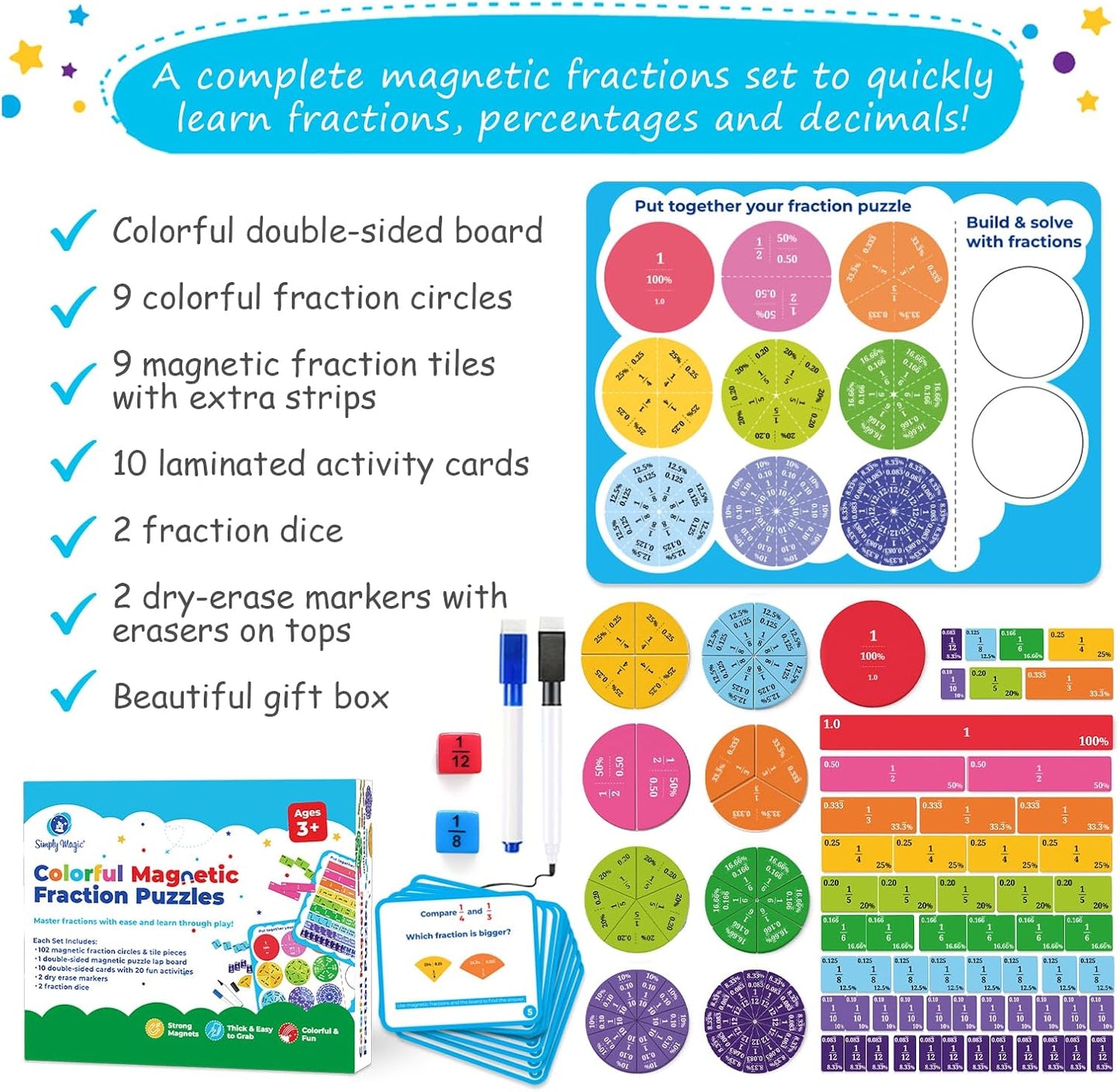 Simply magic 117 PCS Magnetic Fraction Puzzle with Tiles & Circles - Educational Fraction Magnets, Strips, Fraction Manipulatives with Decimals & Percentages for Elementary School & Homeschool