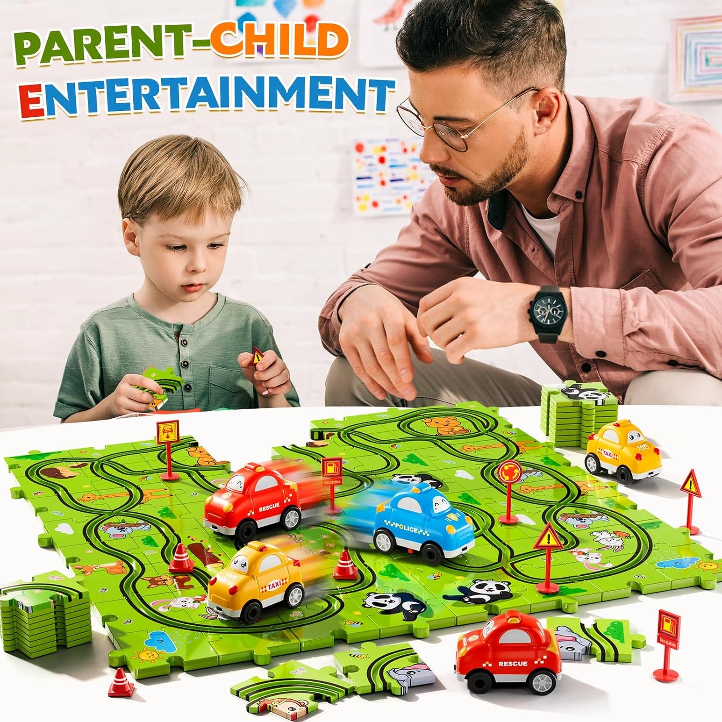 Beby Buty 64PCS Puzzle Track Car Set Toys for Kids Boys, Toddler Toys Gifts for 3 4 5 Year Old, Floor Puzzle Tracks Car for Boys Ages 3-5 4-6, for 3 4 5 6 Year Old