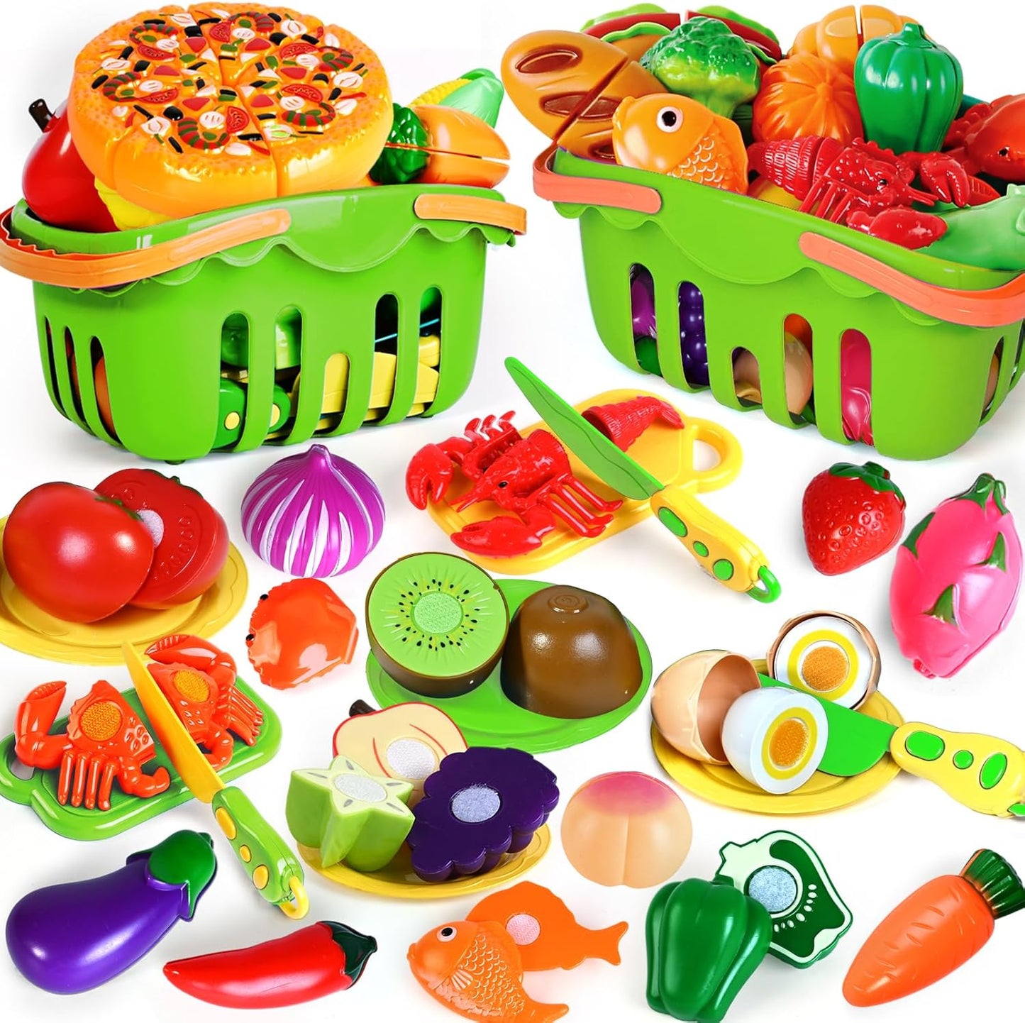 100 Pcs Play Food Set for Kids Kitchen, Pretend Food Toy for Toddlers Age 1-3, Plastics Cutting Fake Food/ Fruit/ Vegetable Accessories with 2 Baskets, Birthday Gifts for 2 3 4 5 Years Old Boys Girls