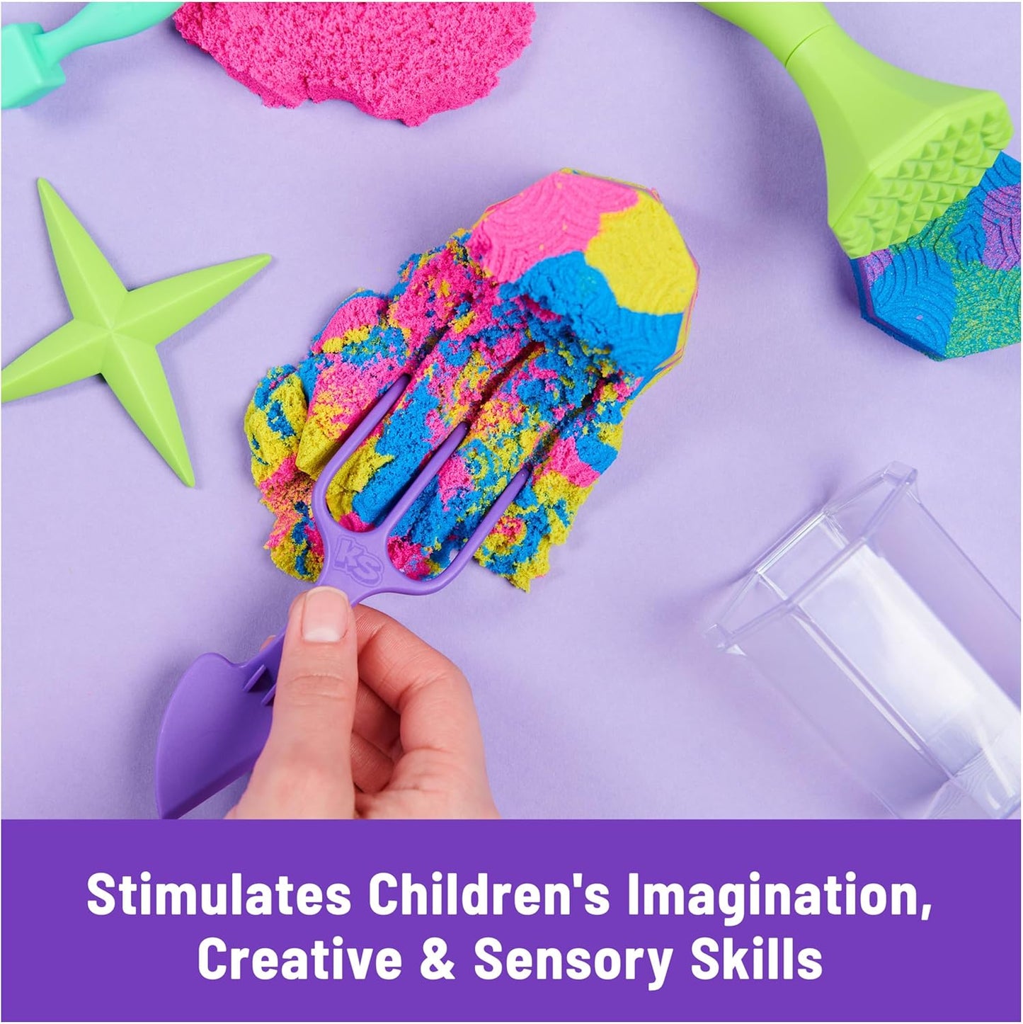 Kinetic Sand, Squish N’ Create Playset with 13.5oz Blue, Yellow & Pink Play Sand, 5 Tools, Sensory Toys for Kids Ages 3 and up