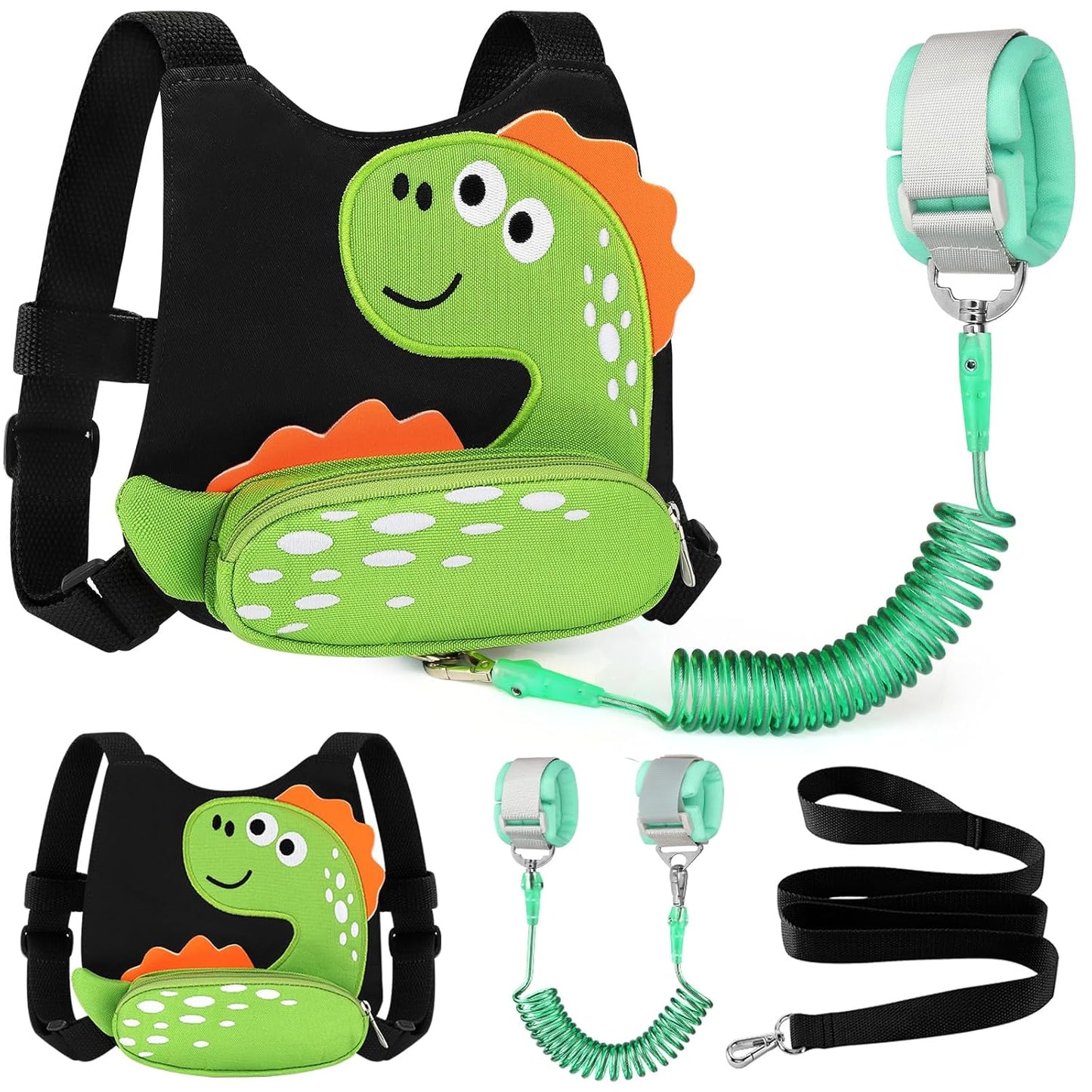 3 in 1 Toddler Harness Leash + Baby Anti Lost Wrist Link, Accmor Cute Dinosaur Child Safety Harness Tether, Kids Walking Wristband Assistant Strap Belt for Parent Boys Outdoor Activity (Black)