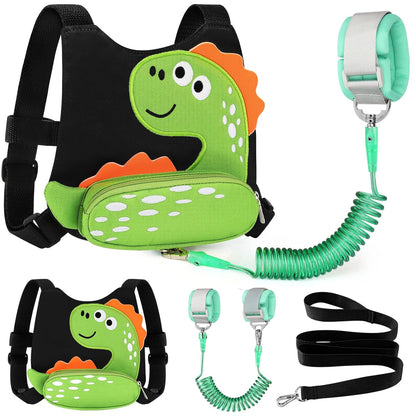 3 in 1 Toddler Harness Leash + Baby Anti Lost Wrist Link, Accmor Cute Dinosaur Child Safety Harness Tether, Kids Walking Wristband Assistant Strap Belt for Parent Boys Outdoor Activity (Black)