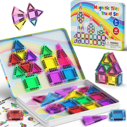 Magnetic Tiles Travel Toys with Storage Case, Portable STEM Building Blocks for 3-8 Year Olds, Toddler Airplane Activities & On-The-Go Birthday Gift for Boys & Girls