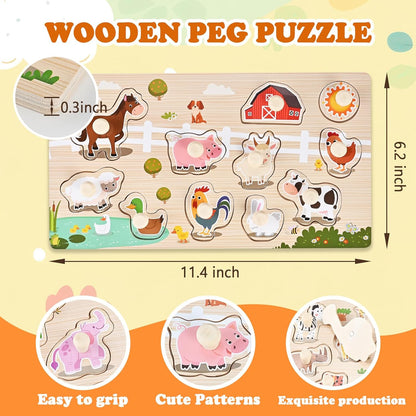 Wooden Peg Puzzles for Toddlers 1-3, 2 Pcs Montessori Puzzles, Animal & Sea Themes Puzzles, Great Preschool Educational Learning Gifts for Girls and Boys
