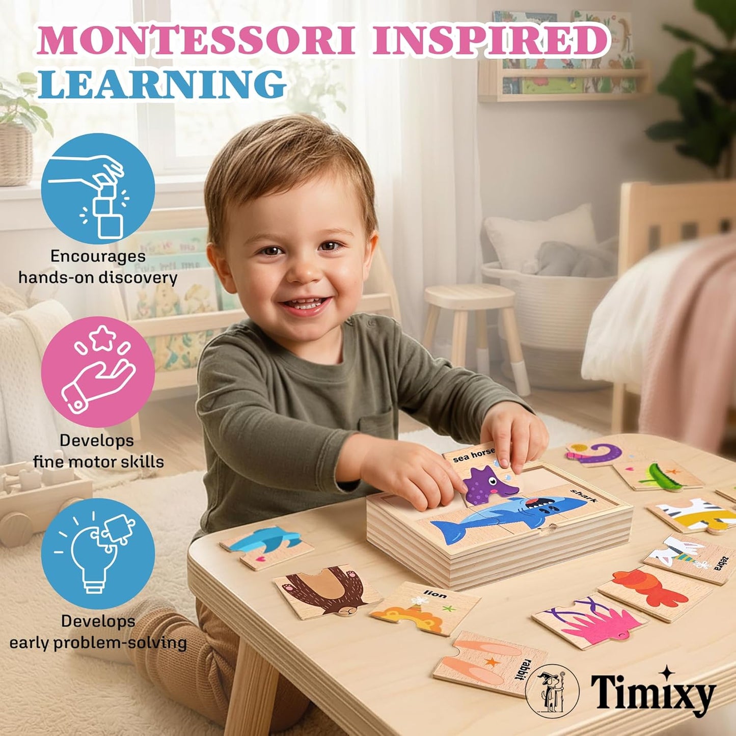 Montessori Wooden Puzzle for Toddlers, Wood Puzzle for Kids Ages 3-5, Animal Matching Game, Preschool Learning Toy, Educational Activity for 3 Year Old Boy Girl Birthday Gift, 48pc with Storage Box