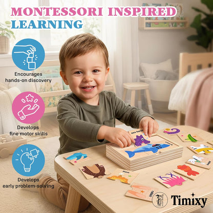 Montessori Wooden Puzzle for Toddlers, Wood Puzzle for Kids Ages 3-5, Animal Matching Game, Preschool Learning Toy, Educational Activity for 3 Year Old Boy Girl Birthday Gift, 48pc with Storage Box