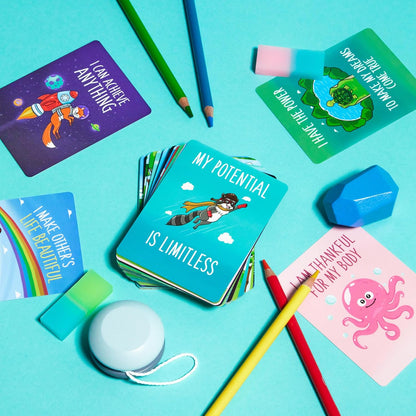 45 Affirmation Cards for Kids - Premium Edition – 3x4 in – incl. Wooden Stand – Conversation Notes for Children and Toddlers – Mindfulness, Social Skills, CBT Therapy – Lunch, School Counselors, Teachers, Parents