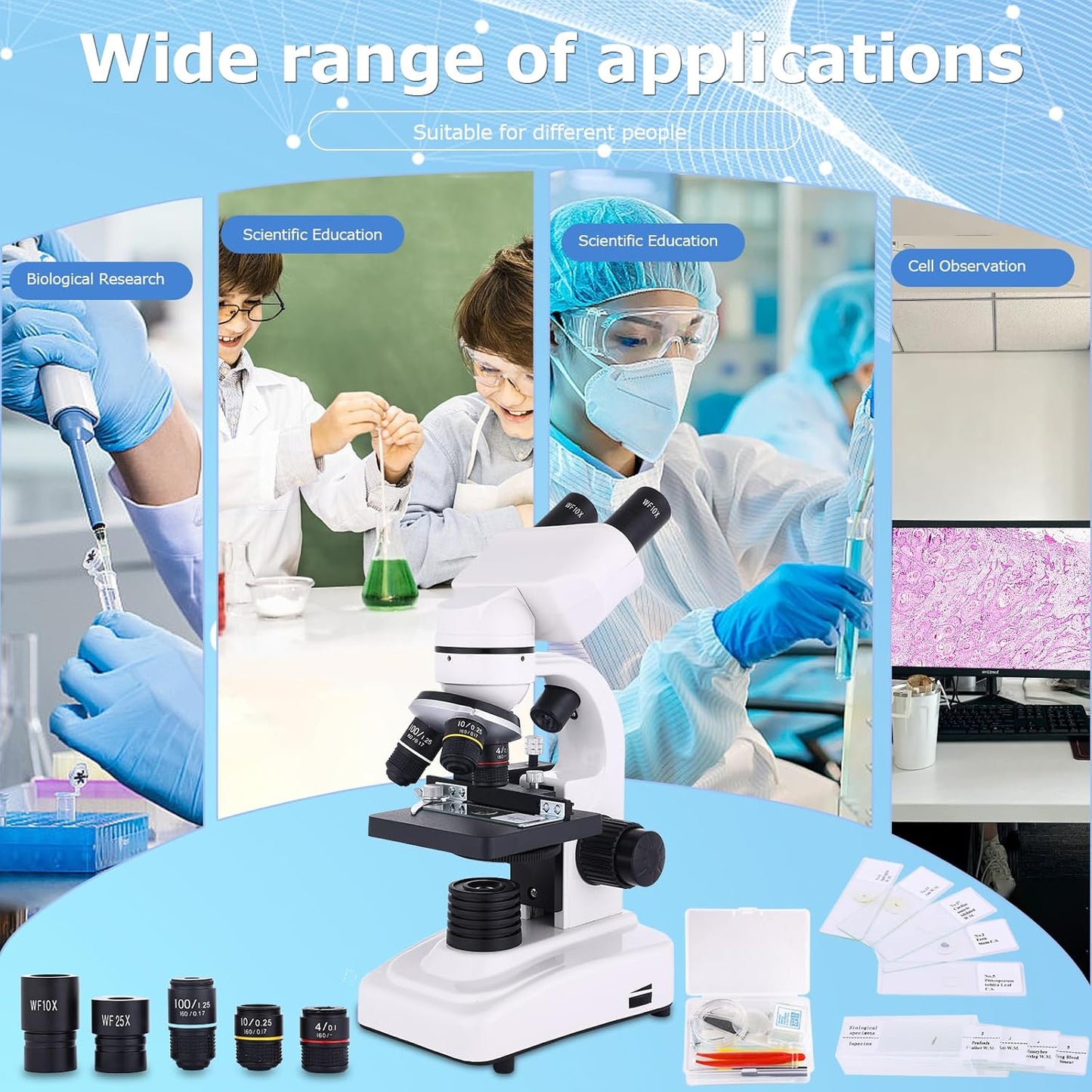 Microscope for Adults & Kids,40-2500X Binocular Microscope for School Lab & Home Schooling,with Mechanical Stages,Slides Set & Phone Holder