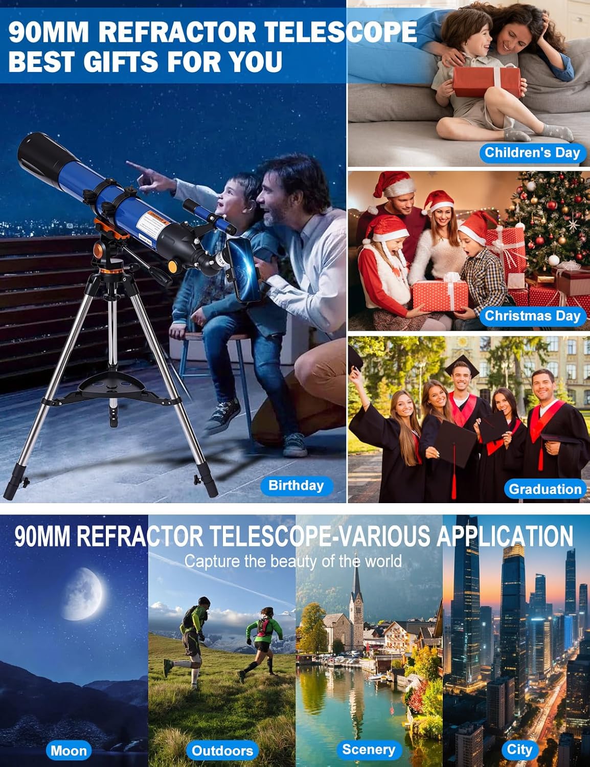 Telescope for Adults High Powered 90mm Aperture 800mm (32X-240X), Refractor Telescopes for Astronomy Beginners with AZ Mount Tripod, Phone Adapter, Carry Bag (80090white)