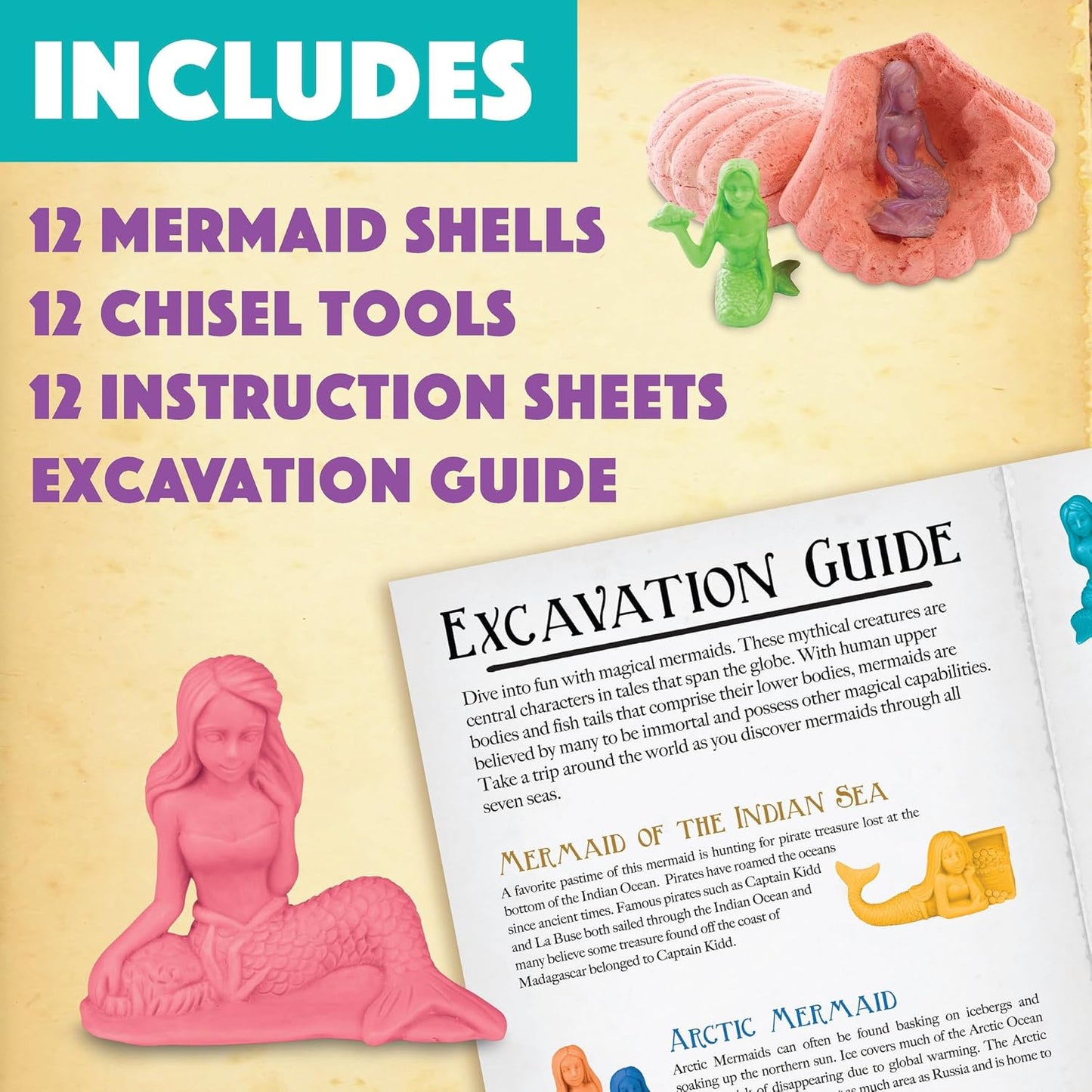 MindWare Dig It Up! Discoveries Mermaids - Dig Kits for Kids with 12 Sea Shells, Each with a Mermaid Toy Inside, 12 Chiseling Tools and Instructions – Ages 4 and Up