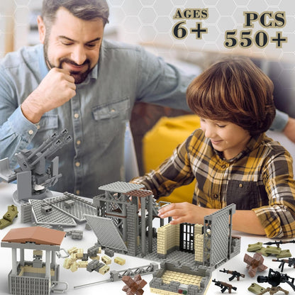 ZHX Military Base Building Block Sets - 550pcs, War Defence Base with Guard Tower, Prison and Air Defence Gun, WW2 Army Military Weapon Pack Accessories Kits Brick Toy for Kids