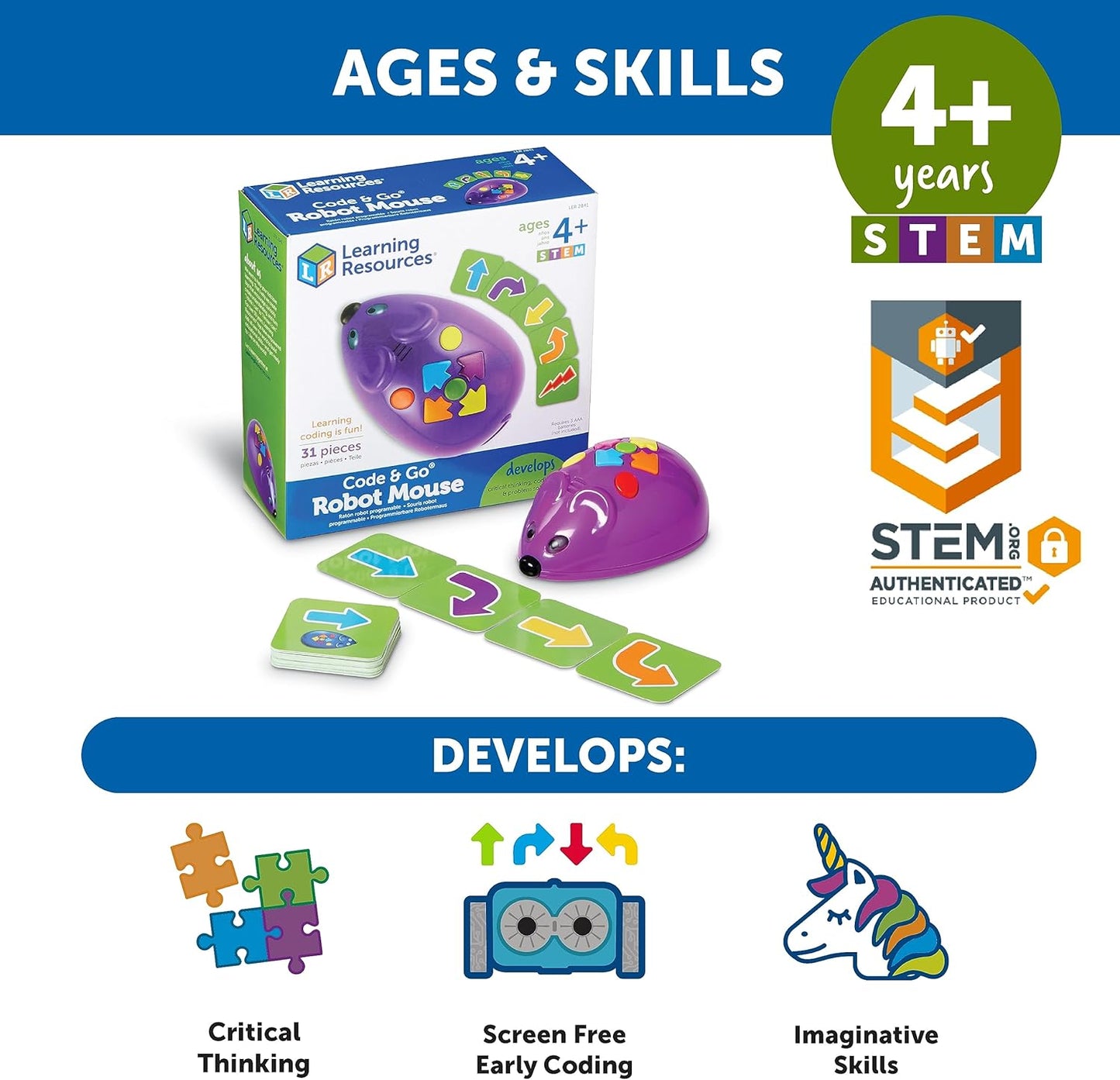 Learning Resources Code & Go® Robot Mouse, Screen-Free Coding Robot Toy, Early Programming for Kids Ages 4+, STEM Robotics Toy