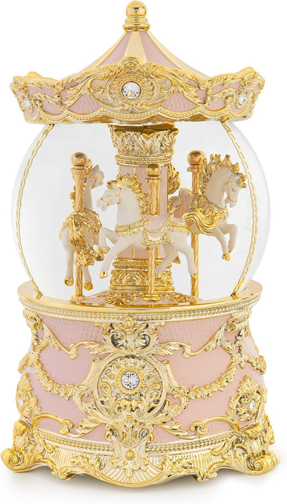 Carousel Music Box Gold & Ivory Christmas Snow Globes, 8.3" Rotate Carousel Snow Globe for Kids & Adults, Classic Wind up Musical Snow Globe Birthday Gifts for Women Girls, Carousel Horse Home Decor