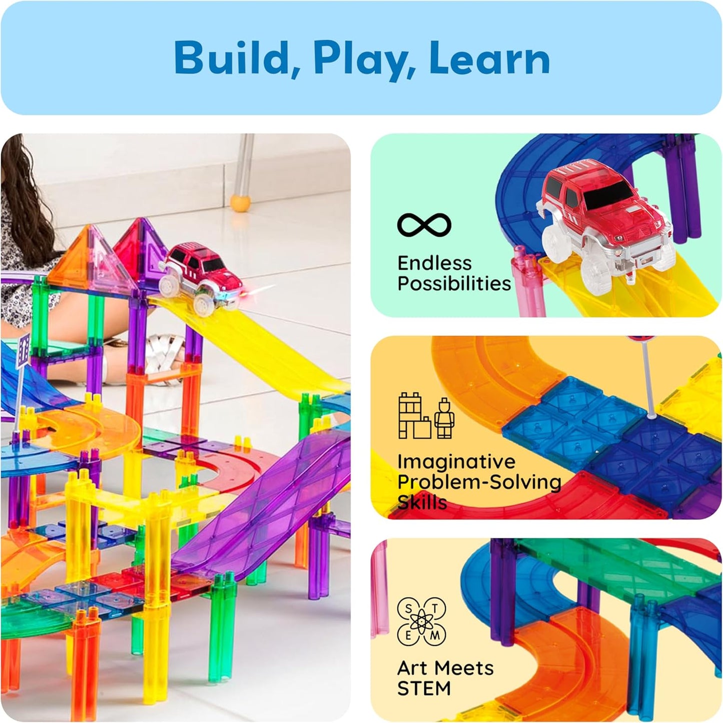 PicassoTiles 121pc Magnetic Tile Race Track Marble Run Magnet Tiles 3-in-1 Playset Car Racing Construction Set STEM Learning Early Education Building Toy Cars for School Toddlers Boys Girls Ages 3+