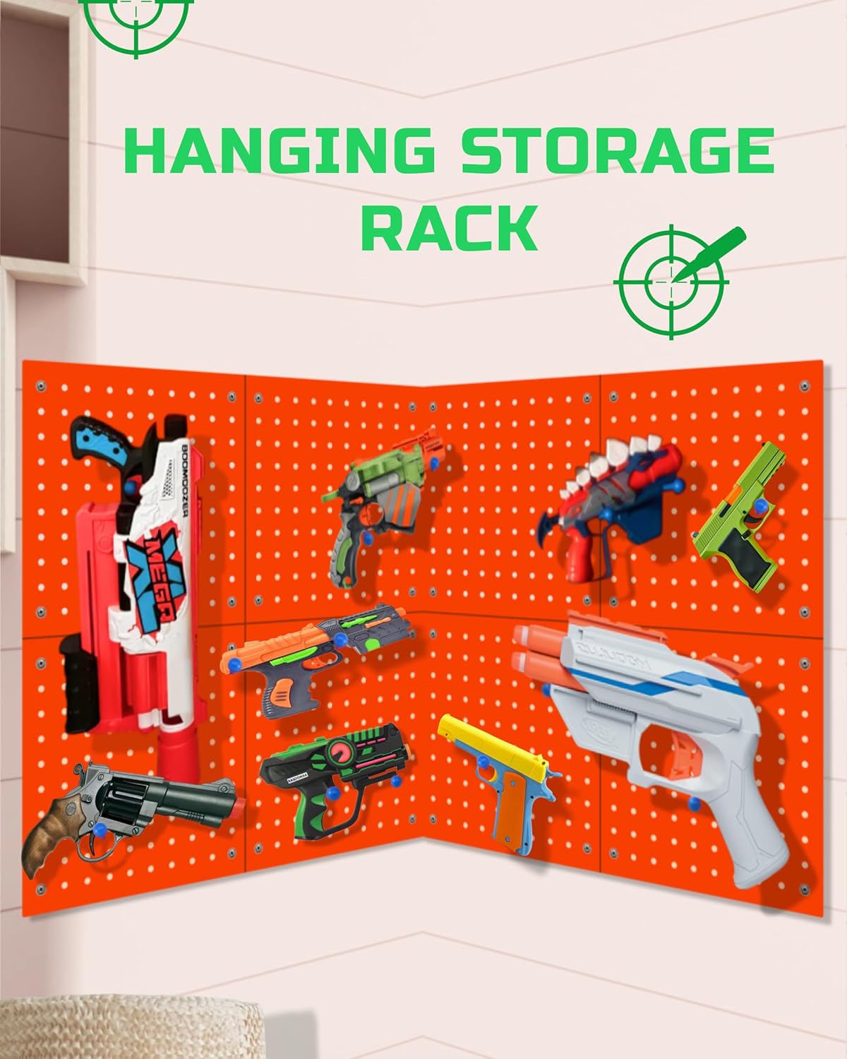 Skywin Wooden Pegboard for Nerf Gun Storage, Nerf Gun Wall Mount Eagle Shape, Compatible with All Blasters, Rack for Wall Organization - Birthday Gift for Kids (Orange)