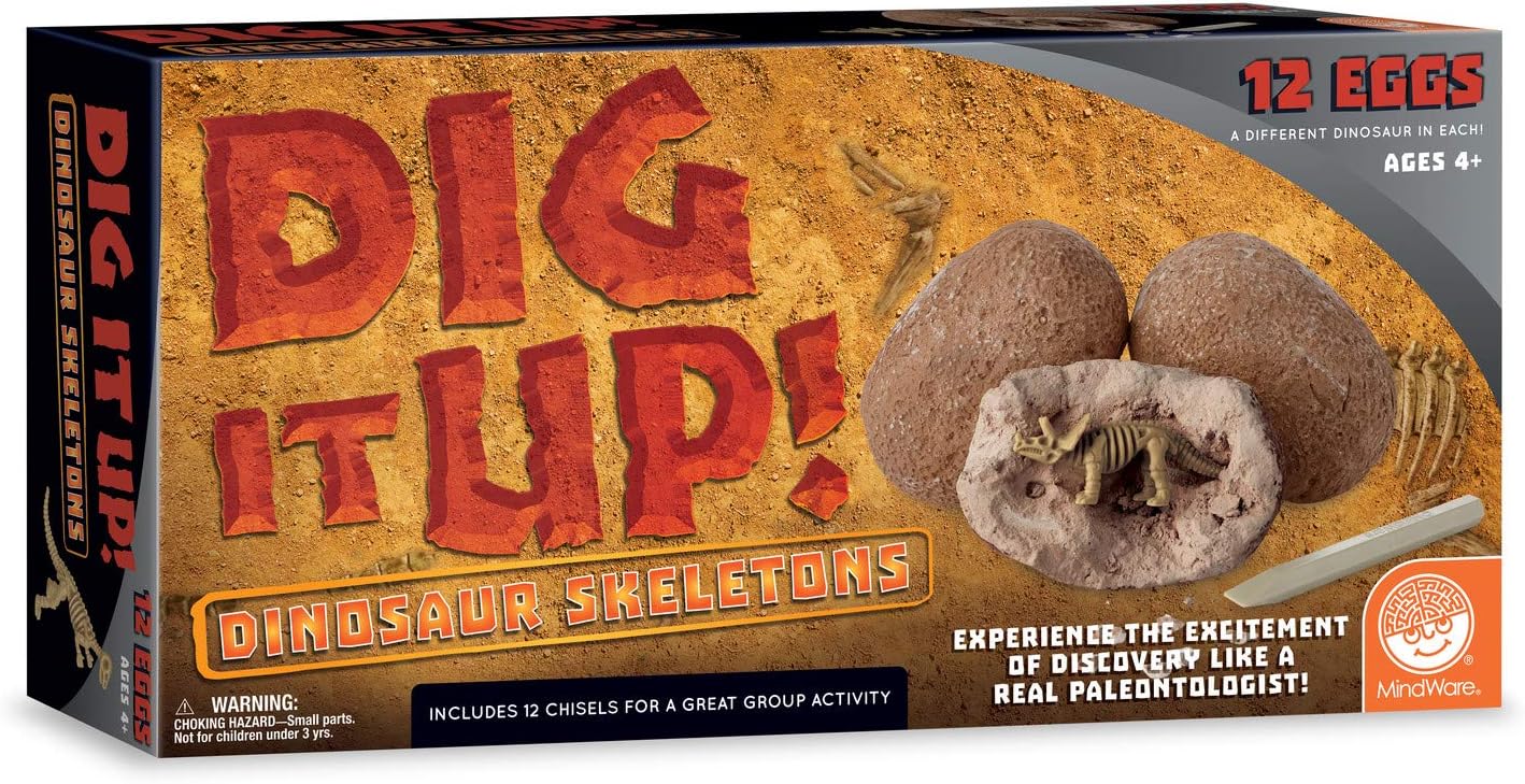 MindWare Dig It Up! Dinosaur Skeleton Eggs Excavation kit - Comes with 12 Clay Eggs, 12 Chisel Tools and 12 Instruction Sheets