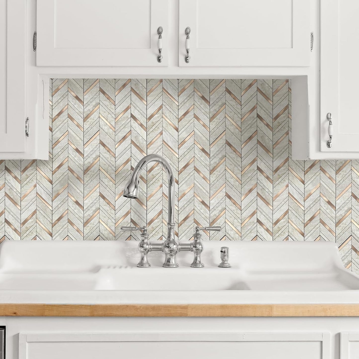 Yipscazo 10 Sheets Herringbone Backsplash Peel and Stick Tile, Marble Calacata Mixed Metal Gold PVC Stick on Backsplash for Kitchen, Waterproof Self Adhesive Wall Tile for Bathroom