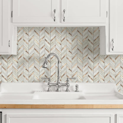 Yipscazo 10 Sheets Herringbone Backsplash Peel and Stick Tile, Marble Calacata Mixed Metal Gold PVC Stick on Backsplash for Kitchen, Waterproof Self Adhesive Wall Tile for Bathroom