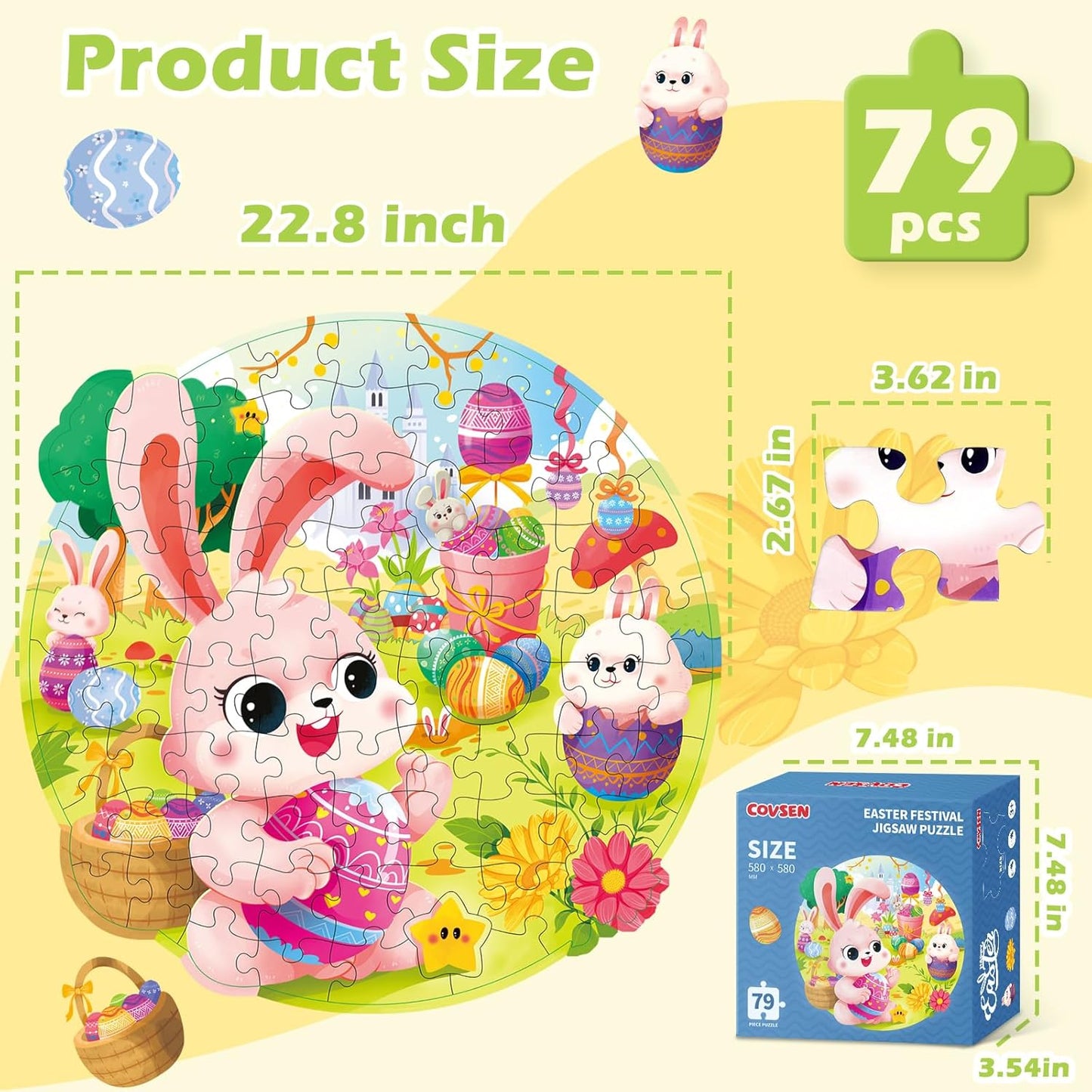 Easter Puzzles for Kids Ages 4-8, Easter Basket Stuffers 79 Pieces Kids Floor Puzzles Ages 4-6, Large Round Jigsaw Puzzles for Toddler, Bunny Puzzle Educational Toys Gifts for Girls Boys