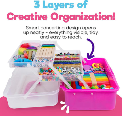 Blue Squid Arts & Crafts Box (Blue)- 2800+ pcs Deluxe Craft Supplies Box, 2 Drawers, 18 Compartments, Sturdy Handle - Art Crafting Kit Birthday Gifts for Kids, School Supply for Ages 4-12