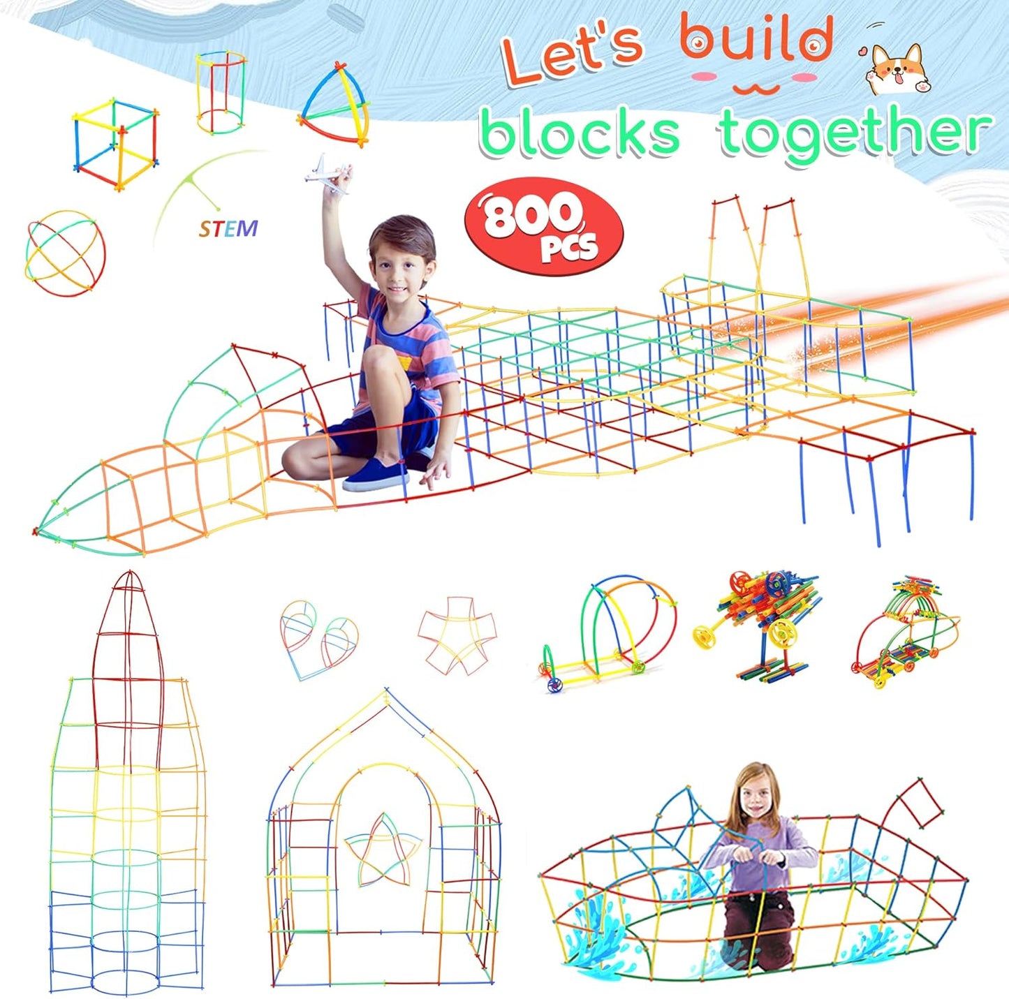 Ggiibro Straw Constructor Toys 600Pcs STEM Building Toy Interlocking Plastic Engineering Thin Tube Blocks Educational Kit for 3 4 5 6 7years Kids Boys and Girls Gift Preschool Toy with Storage Box