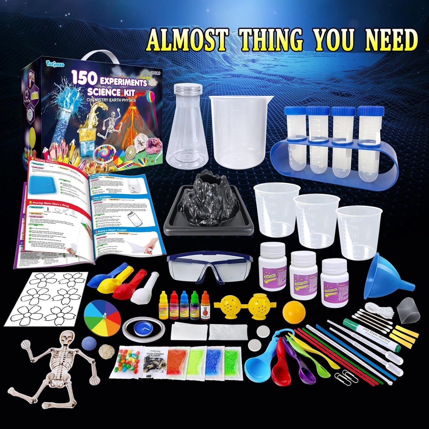 PATIFEED 150 Experiments Science Kit for Kids, Chemistry Set, Scientific Christmas Birthday Toys Gifts Ideas for Boys Girls, Break Geodes, Volcano,S.T.E.M Learning Projects