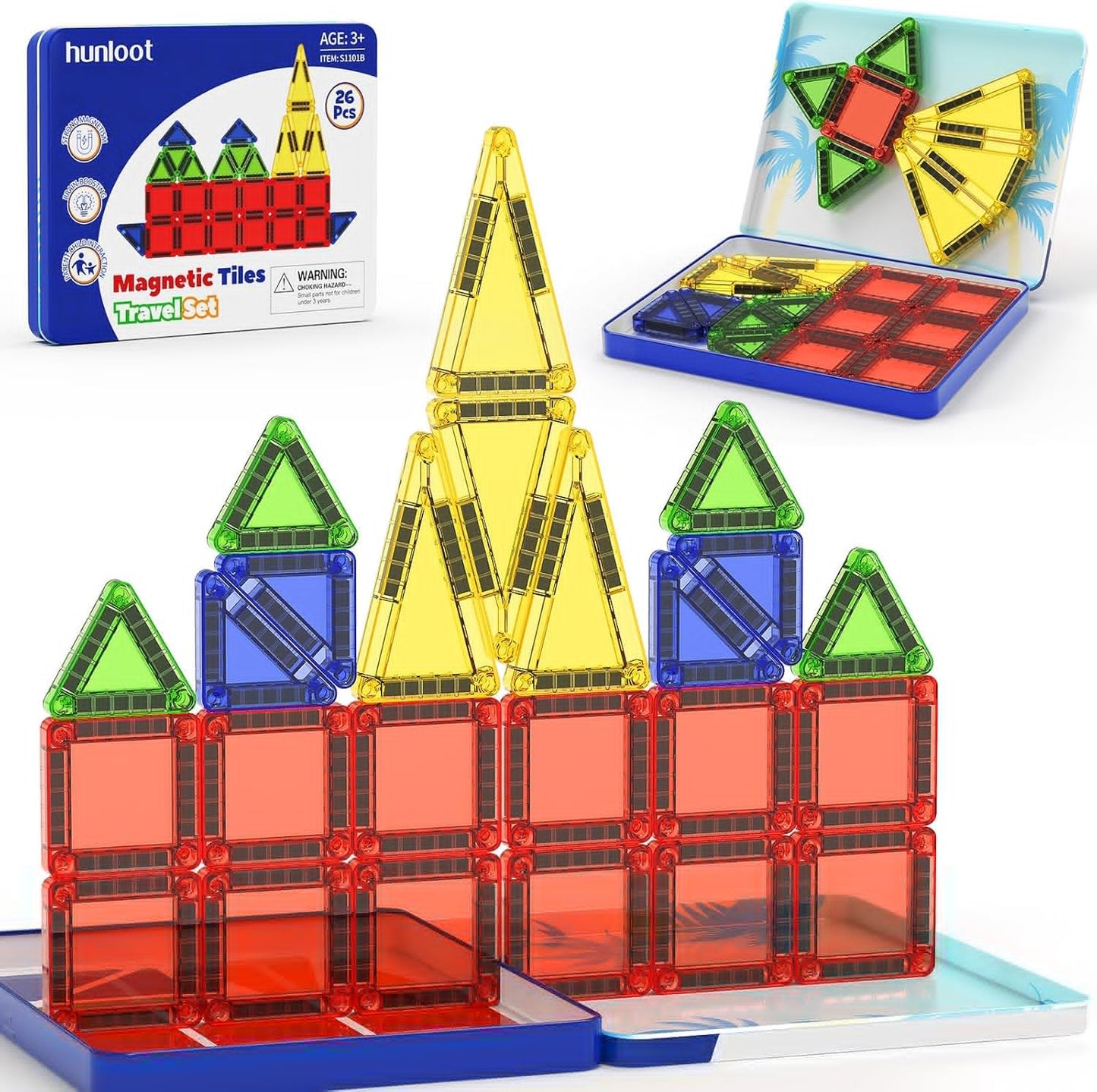 Mini Magnetic Tiles 40PCS Travel Set with Iron Storage Box, Portable STEM Building Blocks for Kids 3-8, Montessori Educational Magnet Toys for Road Trip, Airplane, Car Rides & On-The-Go Play