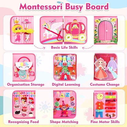 Teensymic Montessori Busy Board for Toddlers Ages 3+ – Portable Travel Quiet Book for Fine Motor Skills, Practical Life & Cognitive Learning, for Boys & Girls