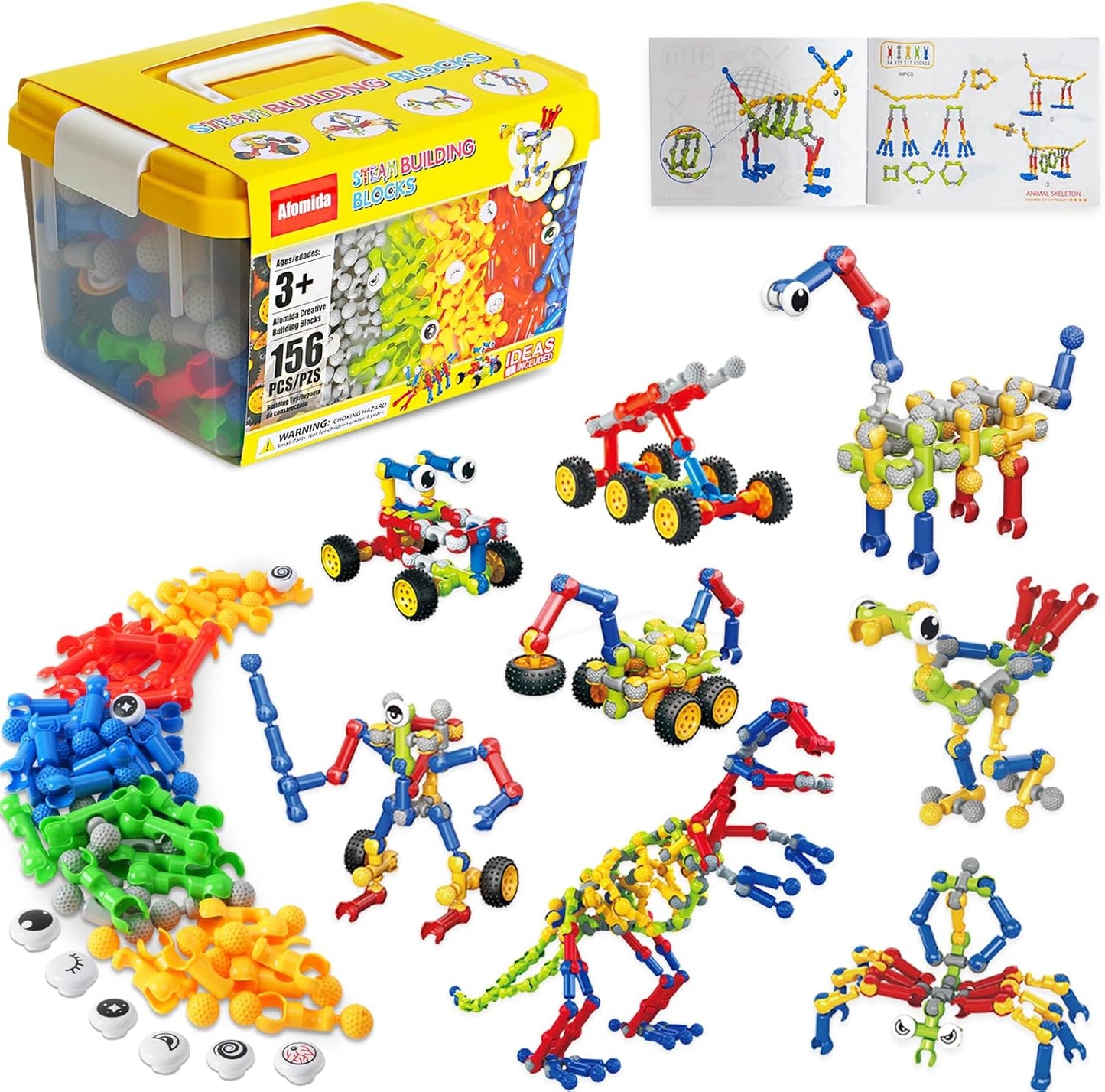 Afomida 156 PCS Creative Building Blocks Building Toy Set - Featuring Storage, Includes Dinosaur, Robot, Car, Spider, Dog, Animal Figure Building Toy Playset for Kids, Birthday Gift Ages 3+ (2)