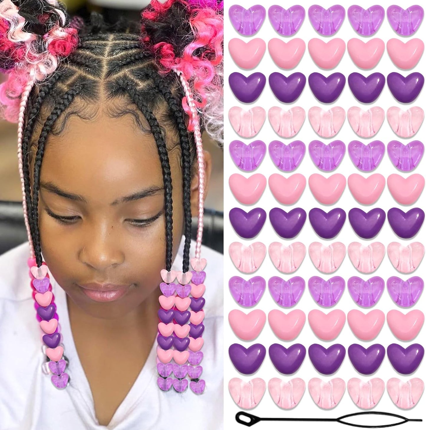 90PCS Heart Hair Beads for Braids Blue Pink Loc Dreadlock Valentine's Day Bead Accessories Purple Cute Acrylic Heart Shape Beads for Kids Girls
