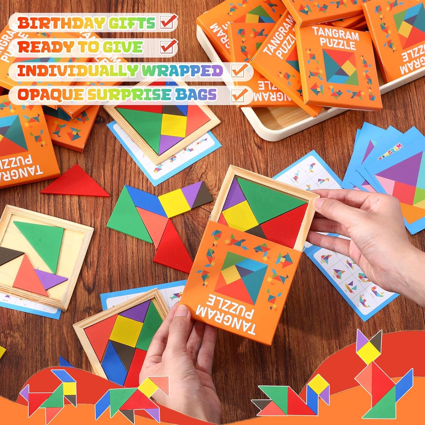 Dunzoom 50 Pack Tangram Puzzle Wooden Pack Bulk Kid Party Favors Stem Jigsaw Game Educational Shape Puzzle Toy Goodie Boxes Stuffers for Kids 4-8 Classroom Prize Reward Birthday (Vibrant Bright)