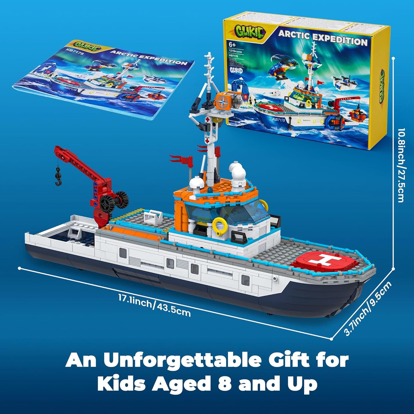 City Boat Building Set with LED Lights, Arctic Explorer Ship Toy Gift for 8 Year Old Boys and Girls, with Helicopter, Drone, Speedboat, Submersible, Iceberg, and Polar Bears