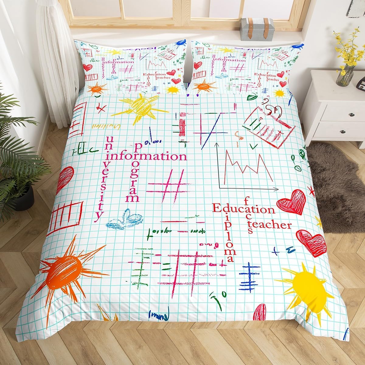Erosebridal Science Theme Bedding Set Queen Size for Boys Girls Chemistry Periodic Table Print Duvet Cover Chemical Subject Theme Comforter Cover Teens Kids Math Science Atyle Bedspread Cover 3 Pcs