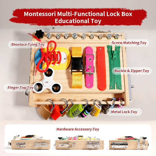 INIFEIDALA Montessori Wooden Busy Board - Fine Motor Skills Toys for 2-5 Year Old Boys Girls, Preschool STEM Life Skills Game, Latches Lock Key Sensory Toy, Screwdriver Board Set, Educational Gift