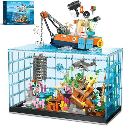 Moving Mechanical Dolphin Building Set - Hand Crank Model Kit with Swimming Tail, Movable Jaw & Glowing Lights | STEM Educational Toy & Unique Desk Decor for Ages 8+, Adults, Blue