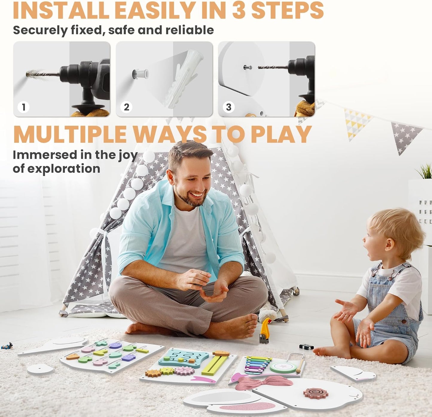 BlueWood Wooden Wall Busy Board Panels, Toddler Learning Activity Center, Montessori Philosophy Sensory, Educational Toys, Conducive to All-Round Development - Whale