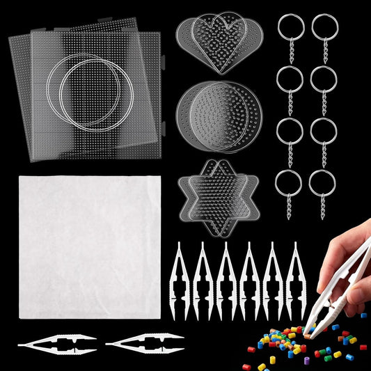 8 PCS 5mm/2.5mm Clear Fuse Beads Pegboards with 10 Sheets Ironing Paper/8 Tweezers/8 Keychain Rings, Perlerbeads Boards Pegboards for DIY Arts and Crafts Supplies Beads