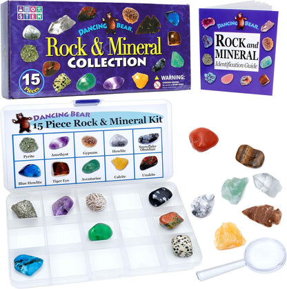 DANCING BEAR Rock, Mineral & Geodes Treasure Hunt Activity Kit (250 Pc Set) Real Shark Teeth Fossils, ID Sheet & Rock Book, STEM