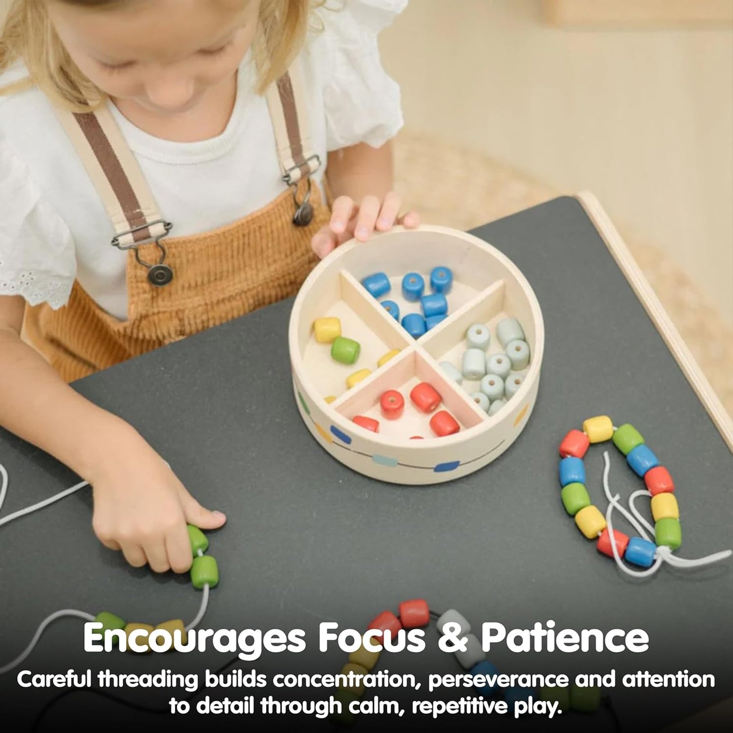 PlanToys® Threading Beads | Montessori Wooden Bead Stringing Toy for Toddlers 6M+ | Develops Fine Motor Skills, Hand-Eye Coordination & Sequencing | 60 Beads with 3 Strings & Storage Box