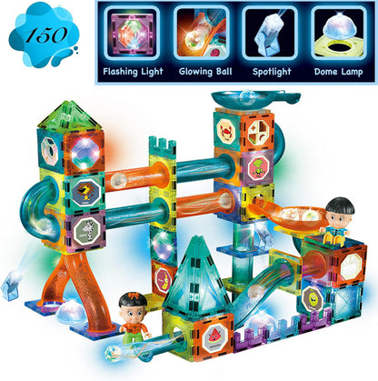 Glowing Magnetic Tiles Marble Run Race Track Super Set - 110 Complete Pieces Glow in The Dark STEM Light Magnetic Building Blocks Gravity Marble Maze Games for Toddlers Kids Boys Girls Ages 3+ Years