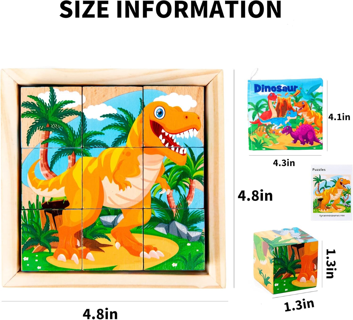Wooden Dinosaur Block Puzzles for Kids Ages 3-5 with Baby Book, Jigsaw Puzzles Preschool Educational Interactive Toys Gift for Boys Girls, Wood Dino Cube Puzzles for Toddlers 2 3 4 5 6 Years Old