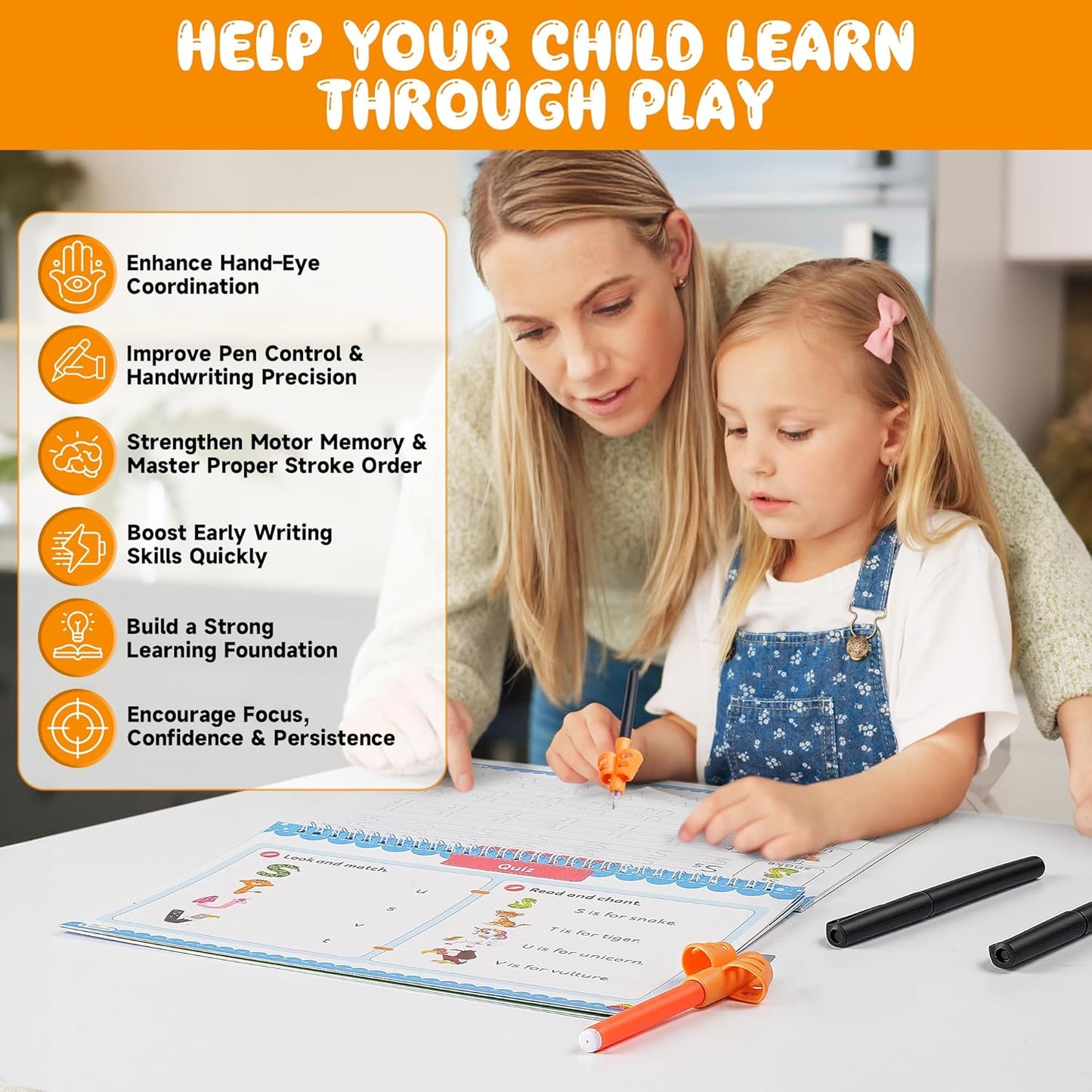 Magic Grooved Writing Practice for Kids Ages 3-8, Reusable Handwriting Practice Books Set (6 Books) with Disappearing Ink Pens, Letter/Number Tracing, Preschool & Kindergarten Learning Kit