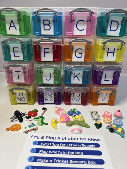 Alphabet Learning Kit with Objects for Beginning Sounds, 7 Objects Per Letter, Storage Boxes with Uppercase Labels