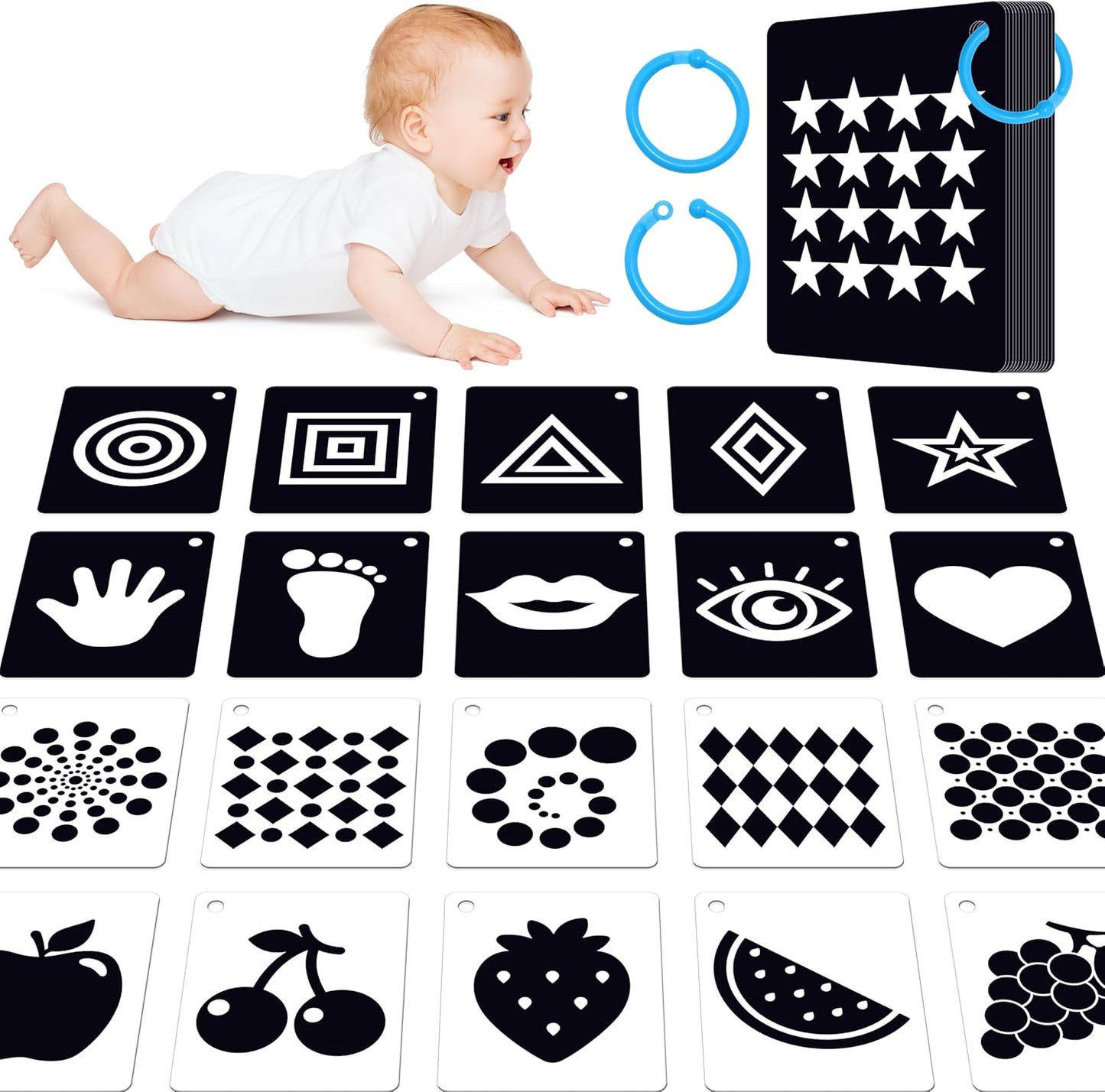 50 PCS Kid First Cognitive Flashcards,Double Sided Printed 7 in 1 Colorful Cards Alphabet,Numbers, Foods,Animals,Shapes,Colors with 3 Reclosable Rings,Learning Tool for Pre-K Kindergarten Toddlers