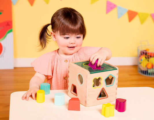 B. toys – Wonder Cube– Developmental Toy– Wooden Shape Sorter Cube – 9 Colorful Shapes – Educational Wooden Toy for Toddlers, Kids – 18+ Months