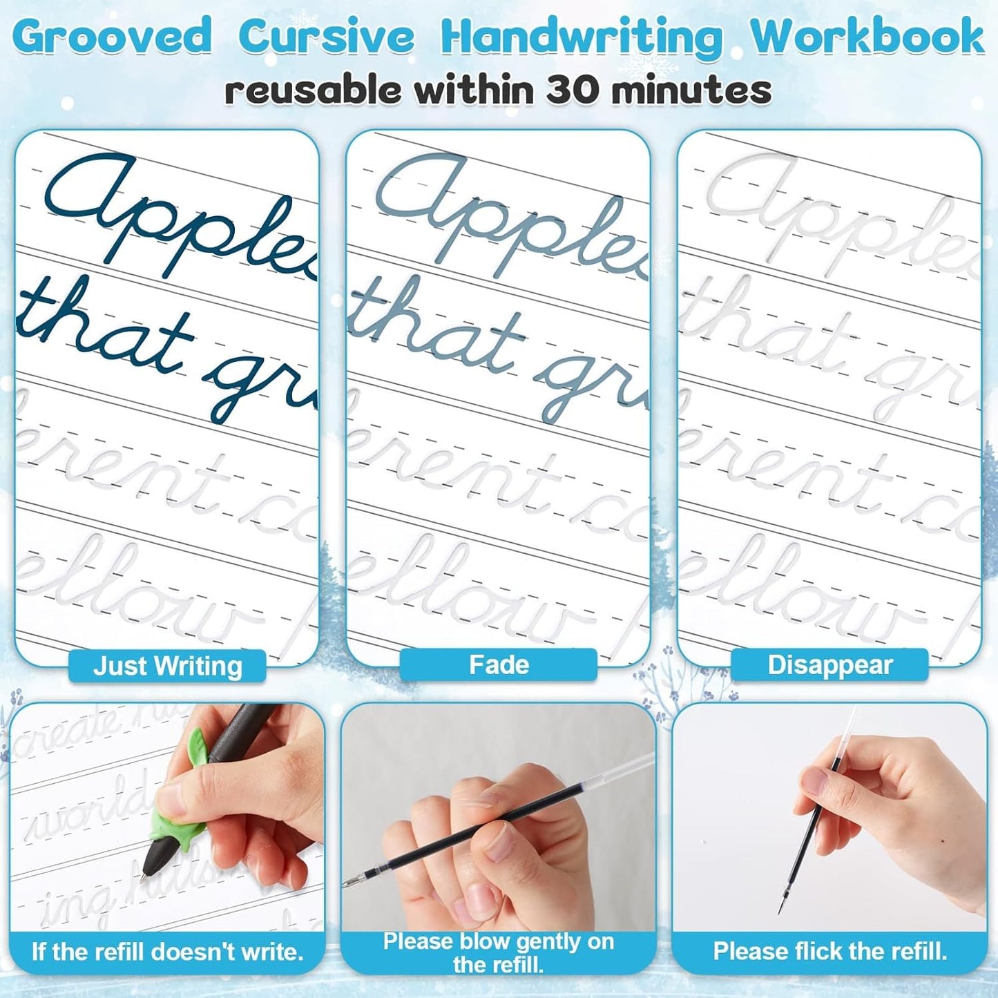 gisgfim Grooved Cursive Handwriting Workbook Magic Reusable Grooved Cursive Handwriting Practice Guided Tracing with Disappearing Ink Pens for Beginners Kids Learning Activities Supplies (Sentence)