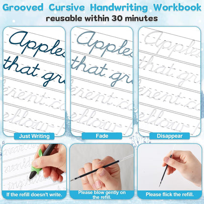 gisgfim Grooved Cursive Handwriting Workbook Magic Reusable Grooved Cursive Handwriting Practice Guided Tracing with Disappearing Ink Pens for Beginners Kids Learning Activities Supplies (Sentence)
